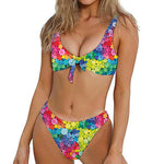 Watercolor Rainbow Pattern Print Front Bow Tie Bikini