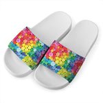 Watercolor Rainbow Pattern Print White Slide Sandals