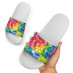 Watercolor Rainbow Pattern Print White Slide Sandals
