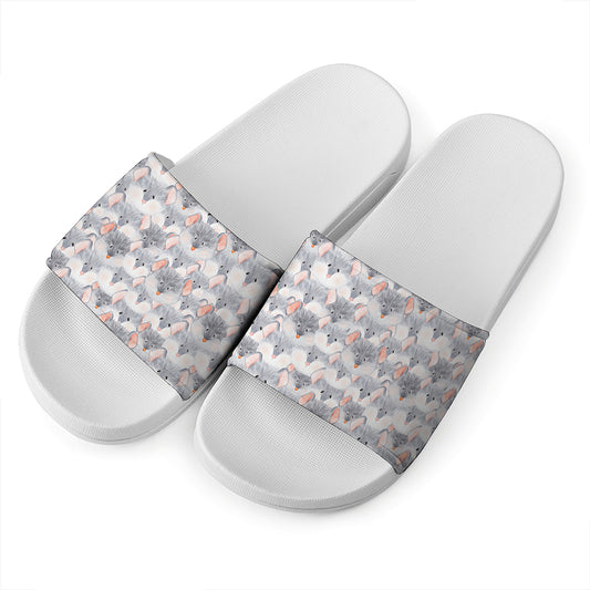 Watercolor Rat Pattern Print White Slide Sandals