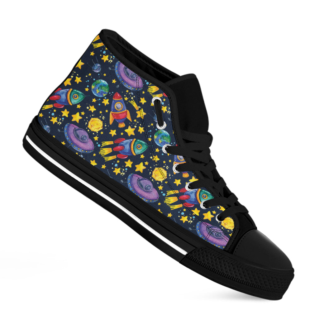 Watercolor Rocket Pattern Print Black High Top Shoes