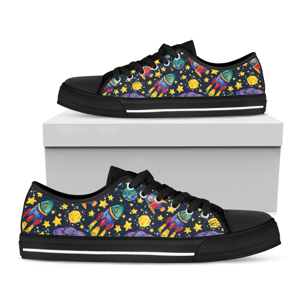Watercolor Rocket Pattern Print Black Low Top Shoes