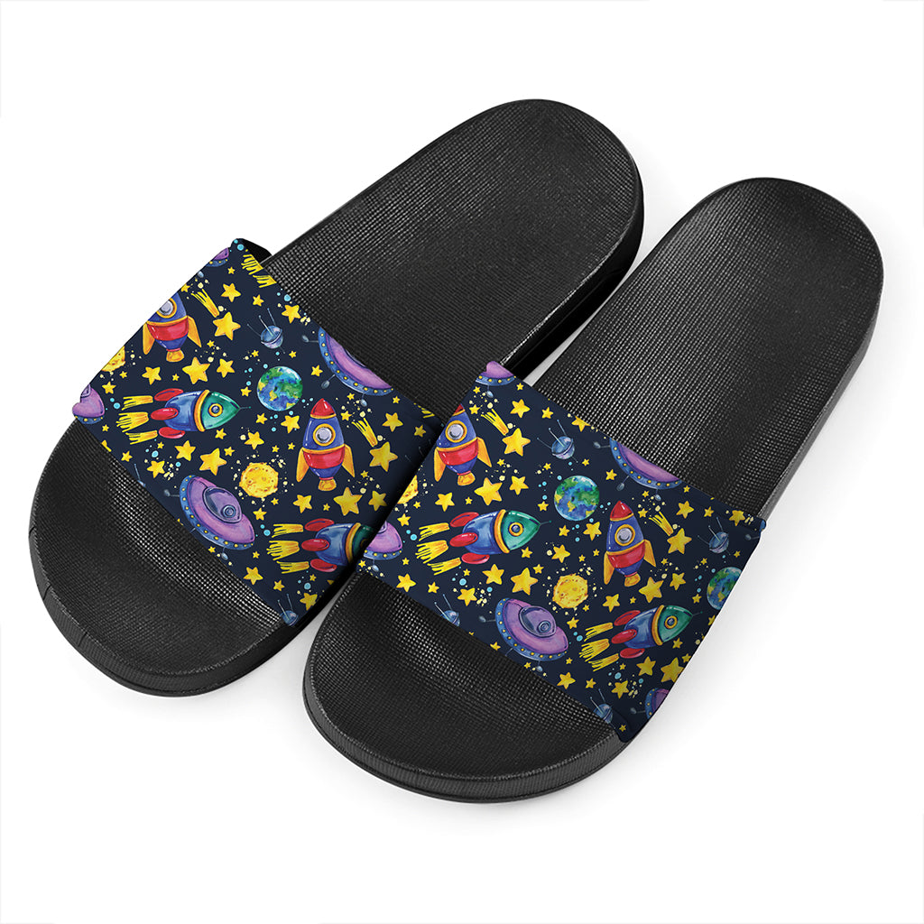 Watercolor Rocket Pattern Print Black Slide Sandals