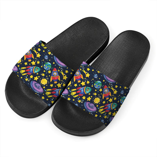 Watercolor Rocket Pattern Print Black Slide Sandals