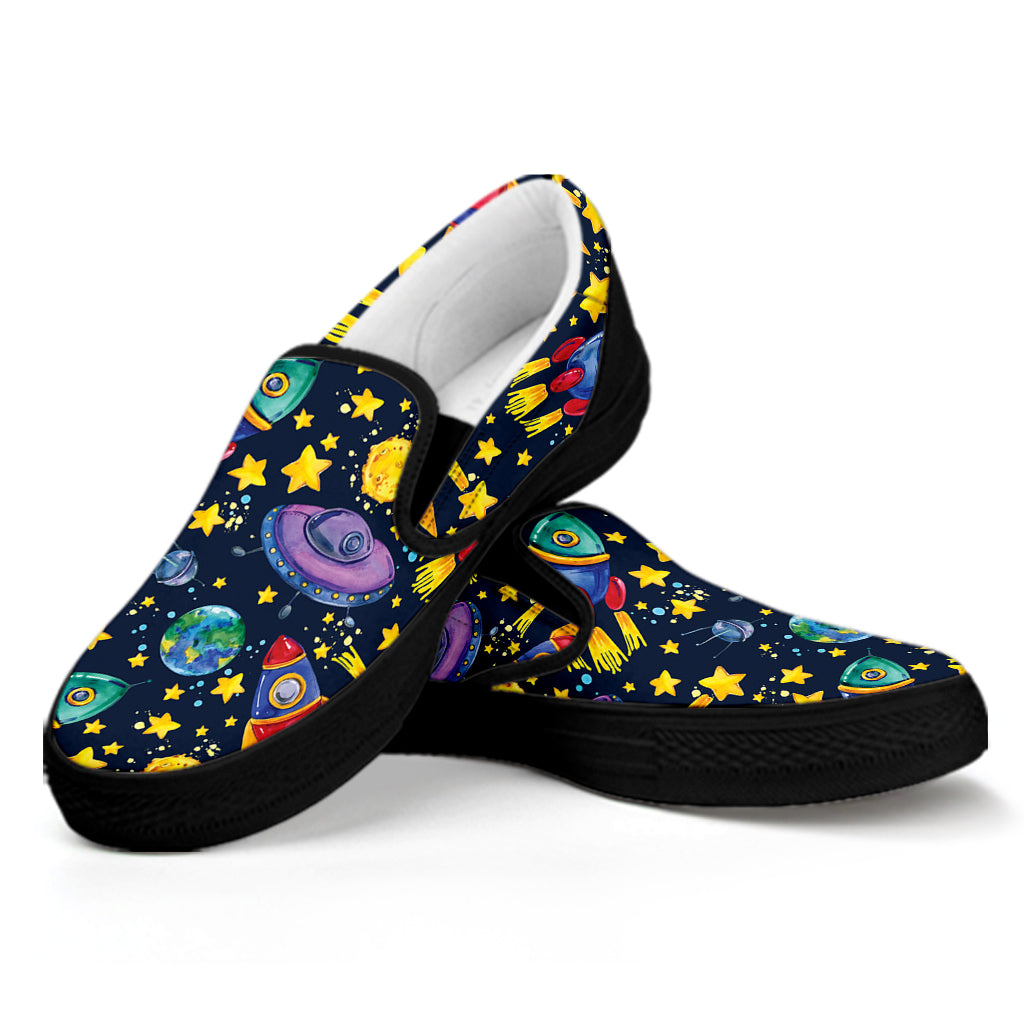 Watercolor Rocket Pattern Print Black Slip On Shoes