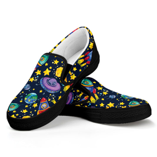 Watercolor Rocket Pattern Print Black Slip On Shoes