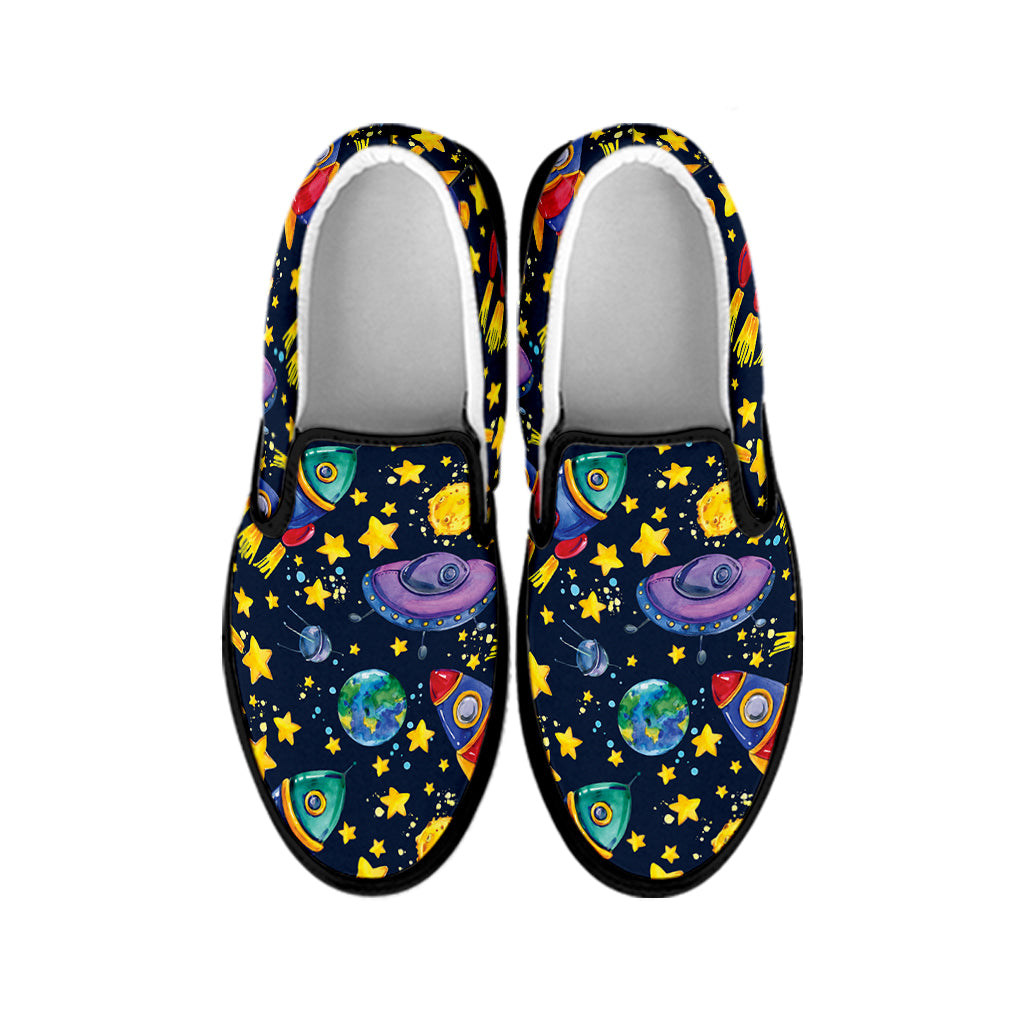 Watercolor Rocket Pattern Print Black Slip On Shoes