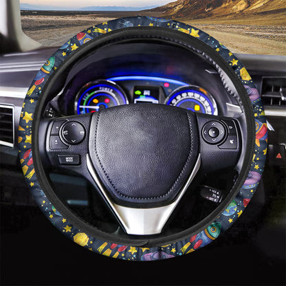 Watercolor Rocket Pattern Print Car Steering Wheel Cover