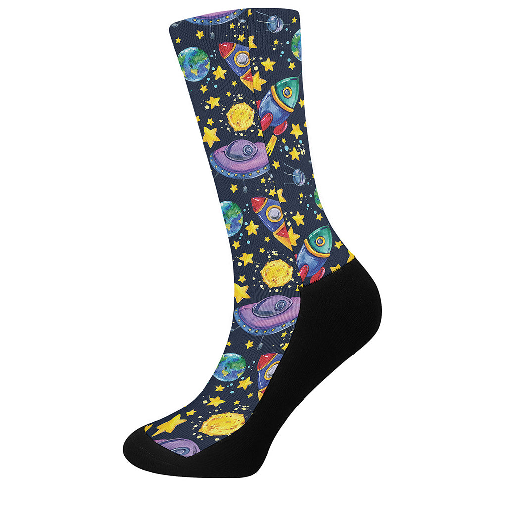 Watercolor Rocket Pattern Print Crew Socks