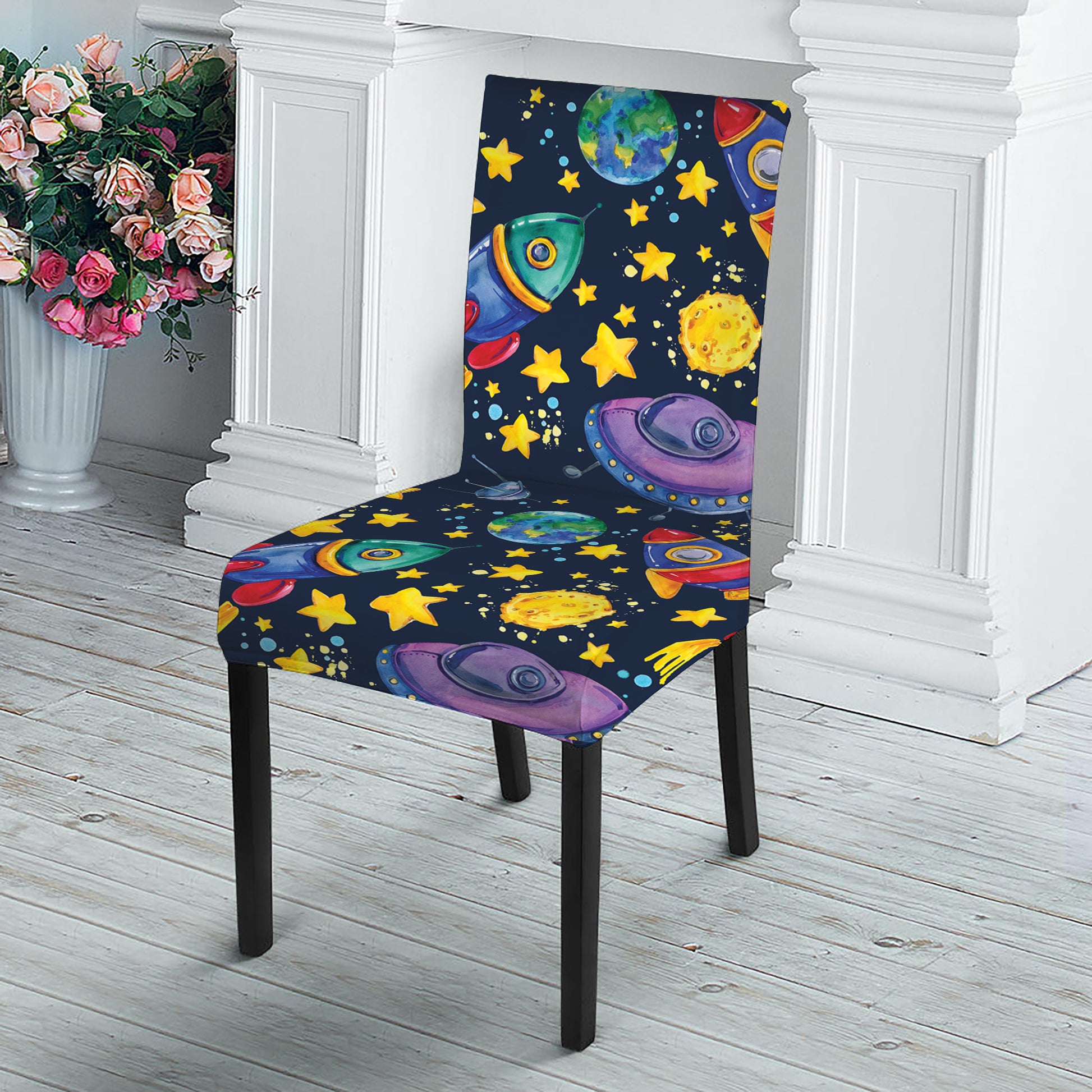 Watercolor Rocket Pattern Print Dining Chair Slipcover