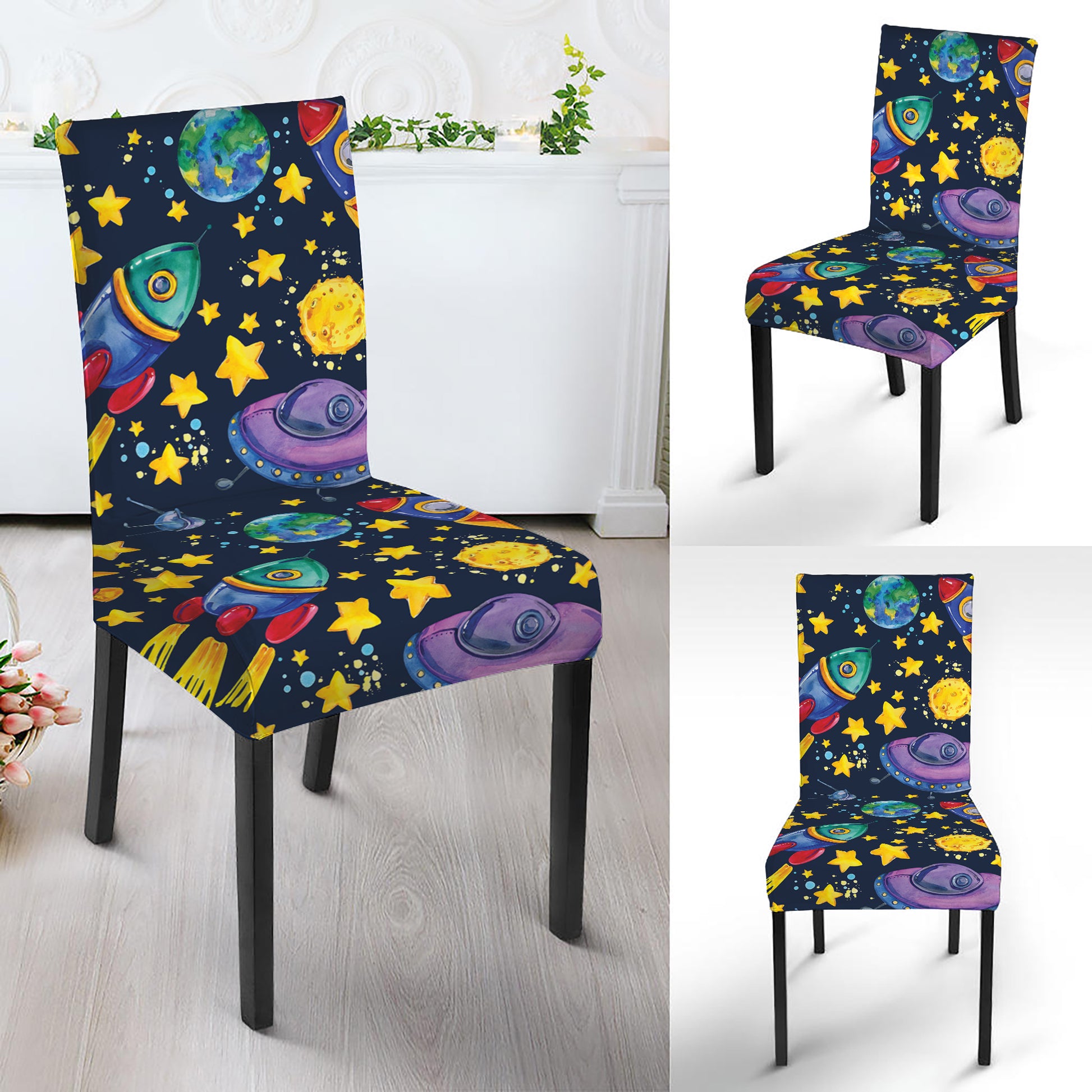Watercolor Rocket Pattern Print Dining Chair Slipcover