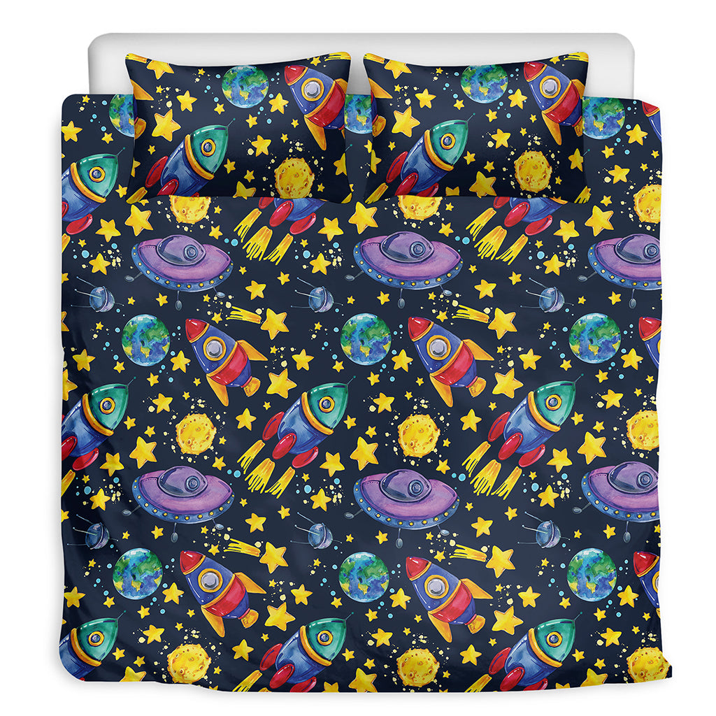 Watercolor Rocket Pattern Print Duvet Cover Bedding Set