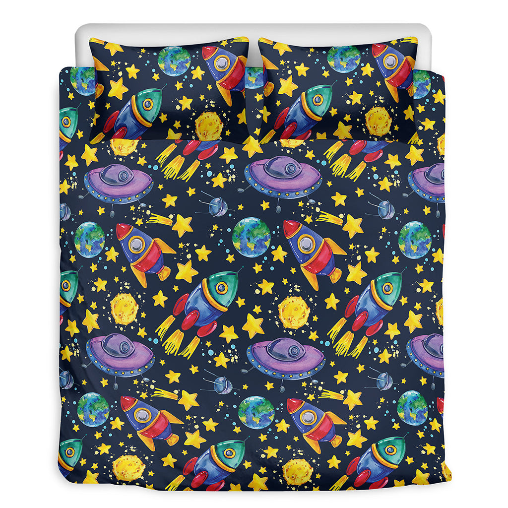 Watercolor Rocket Pattern Print Duvet Cover Bedding Set