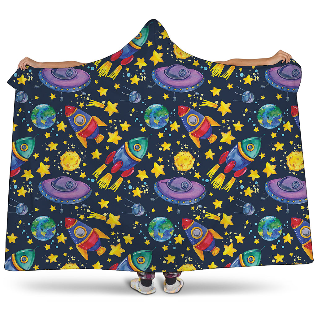 Watercolor Rocket Pattern Print Hooded Blanket