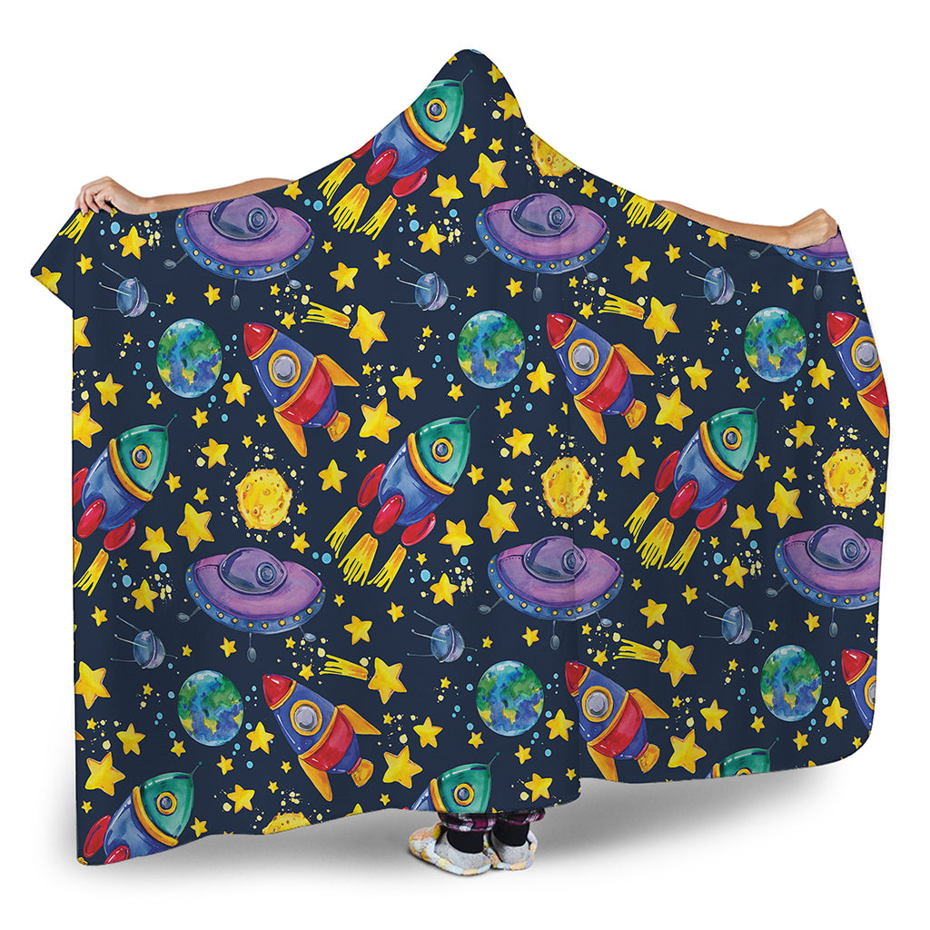 Watercolor Rocket Pattern Print Hooded Blanket