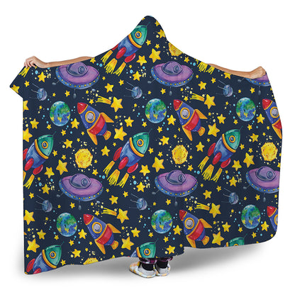 Watercolor Rocket Pattern Print Hooded Blanket