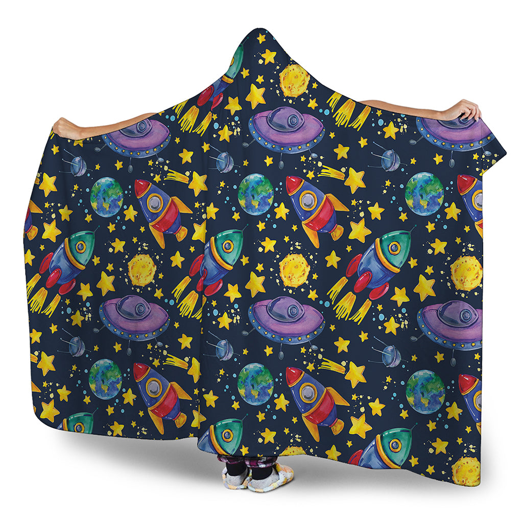 Watercolor Rocket Pattern Print Hooded Blanket