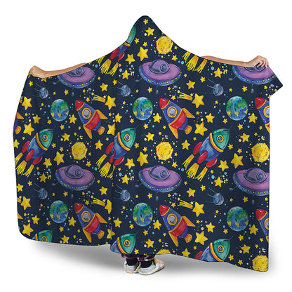Watercolor Rocket Pattern Print Hooded Blanket