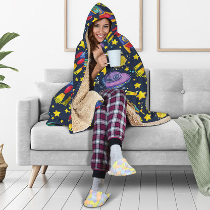 Watercolor Rocket Pattern Print Hooded Blanket