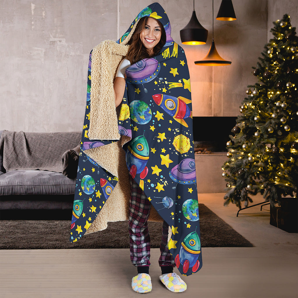 Watercolor Rocket Pattern Print Hooded Blanket
