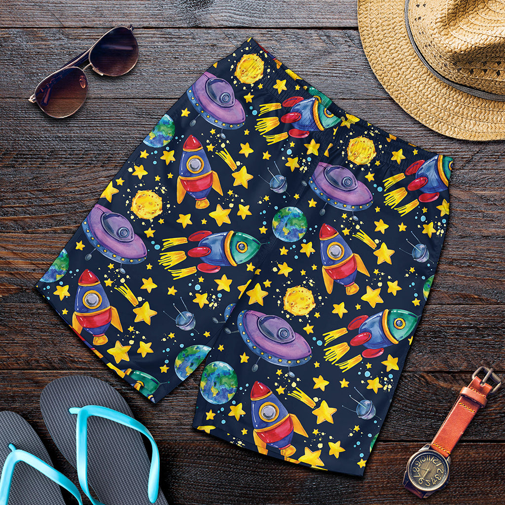 Watercolor Rocket Pattern Print Men's Shorts