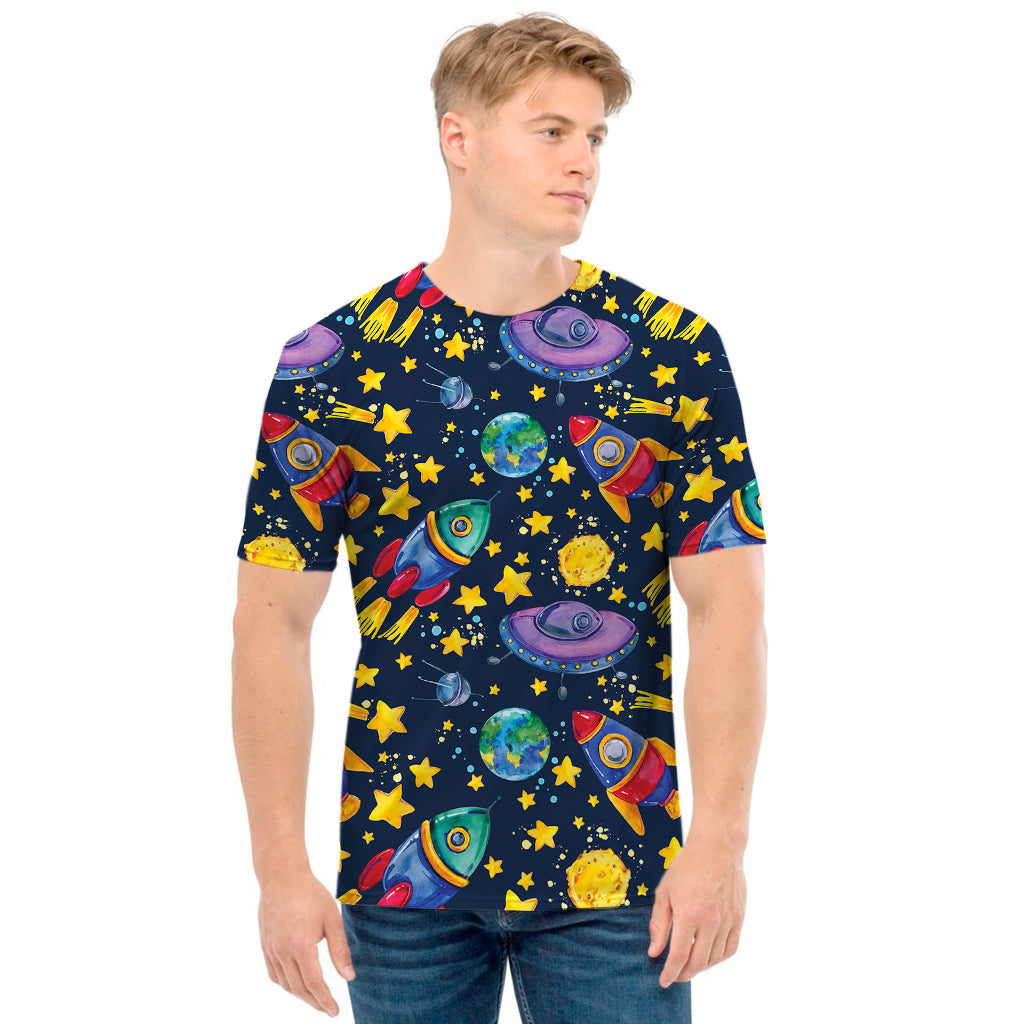 Watercolor Rocket Pattern Print Men's T-Shirt