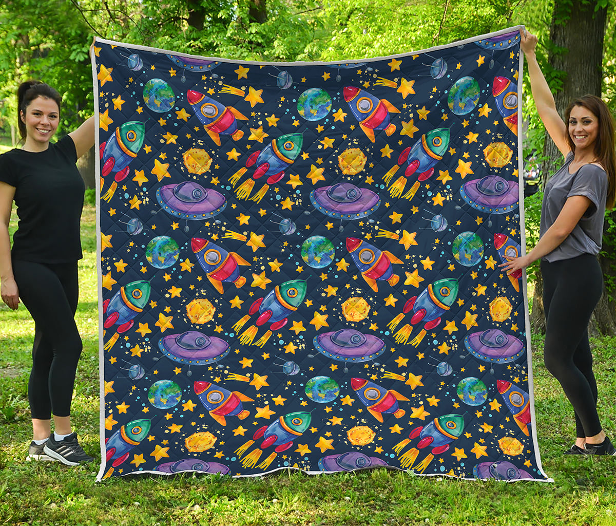 Watercolor Rocket Pattern Print Quilt