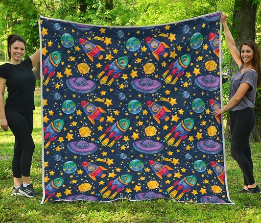 Watercolor Rocket Pattern Print Quilt