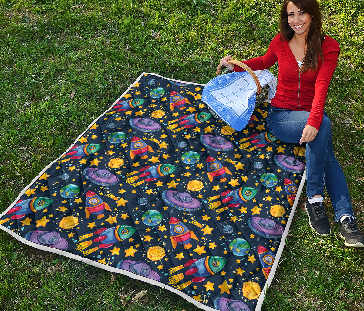 Watercolor Rocket Pattern Print Quilt