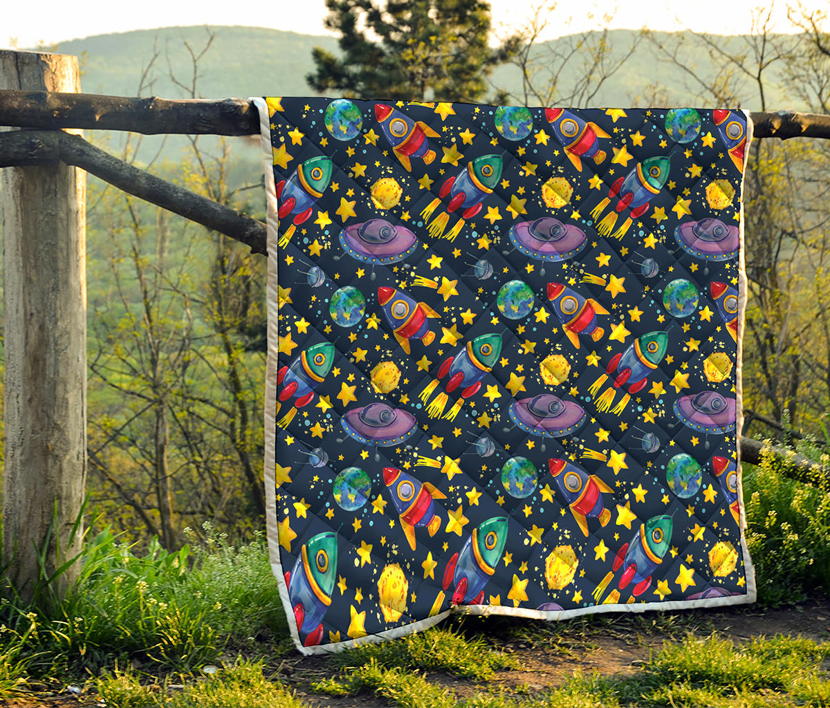Watercolor Rocket Pattern Print Quilt