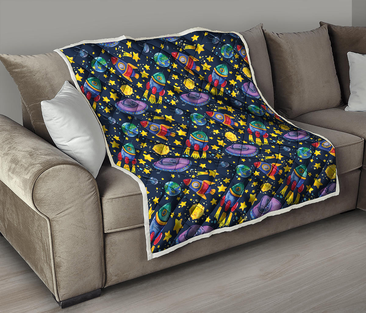 Watercolor Rocket Pattern Print Quilt