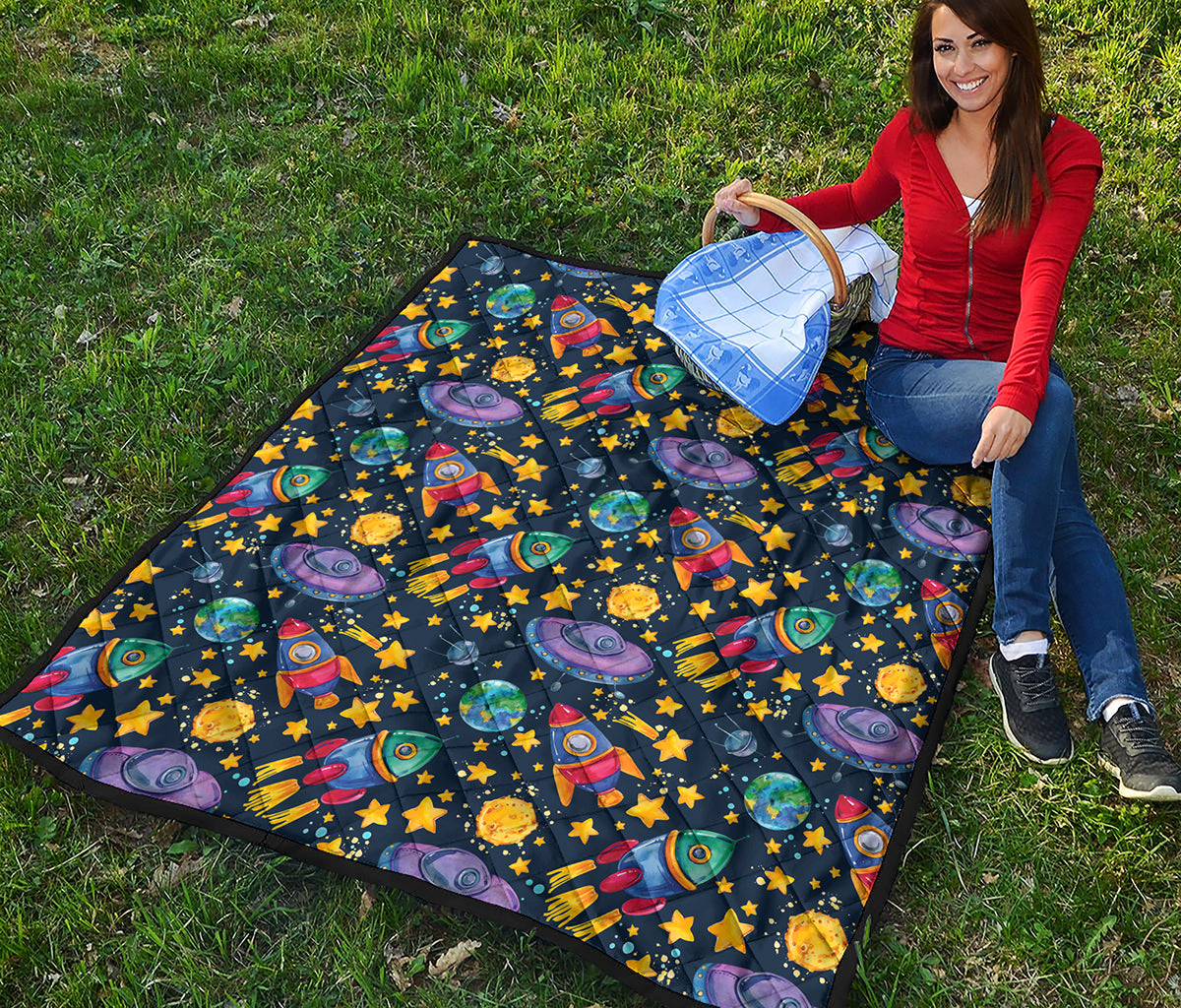 Watercolor Rocket Pattern Print Quilt