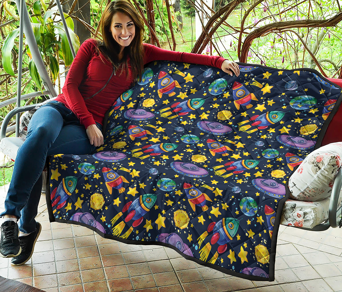 Watercolor Rocket Pattern Print Quilt