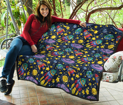 Watercolor Rocket Pattern Print Quilt
