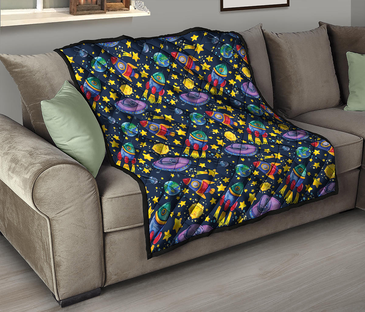 Watercolor Rocket Pattern Print Quilt