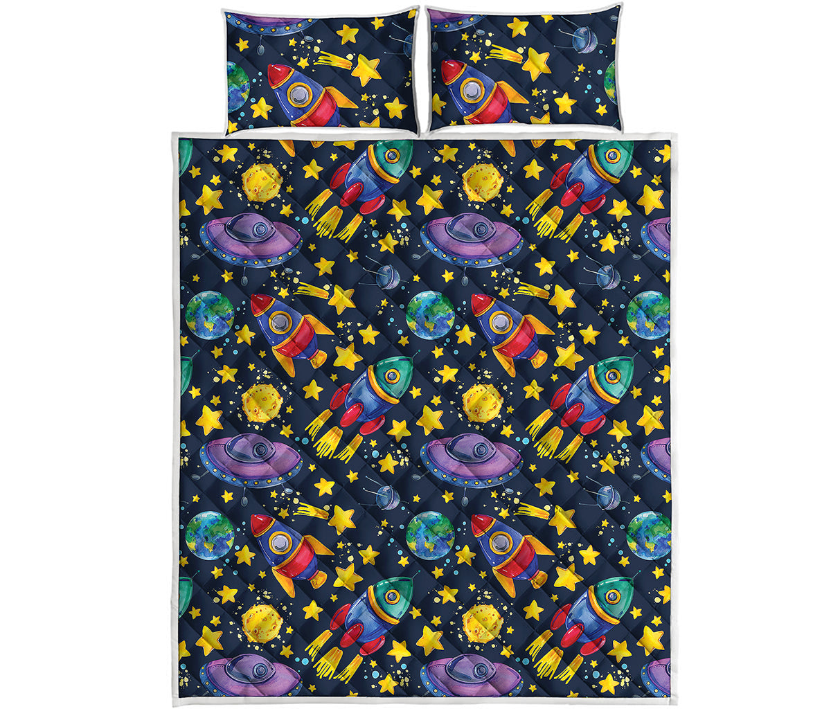 Watercolor Rocket Pattern Print Quilt Bed Set