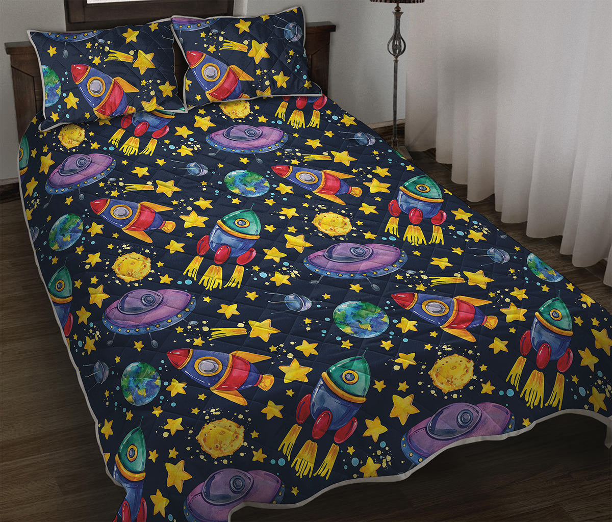 Watercolor Rocket Pattern Print Quilt Bed Set