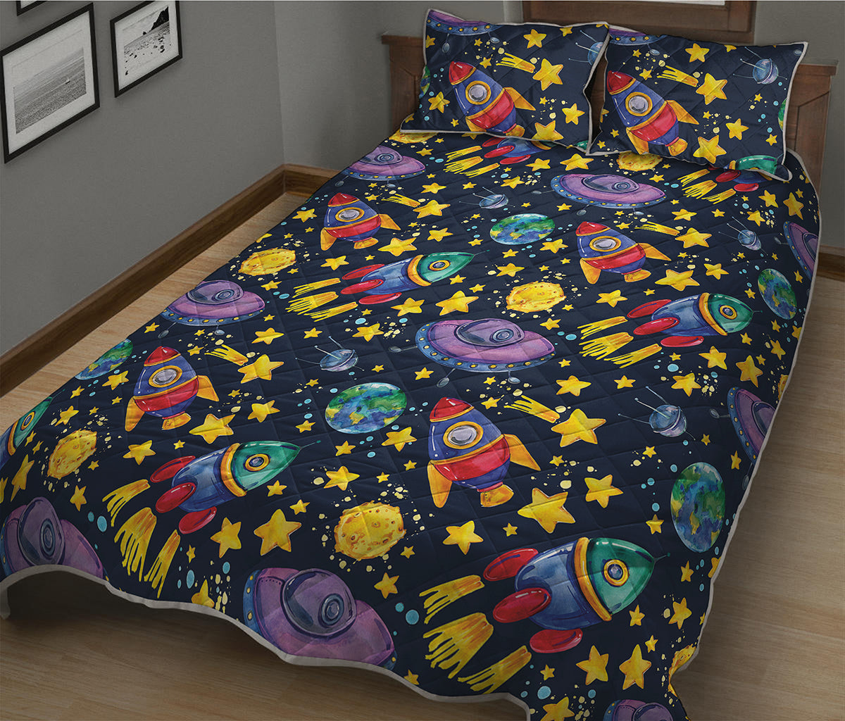 Watercolor Rocket Pattern Print Quilt Bed Set