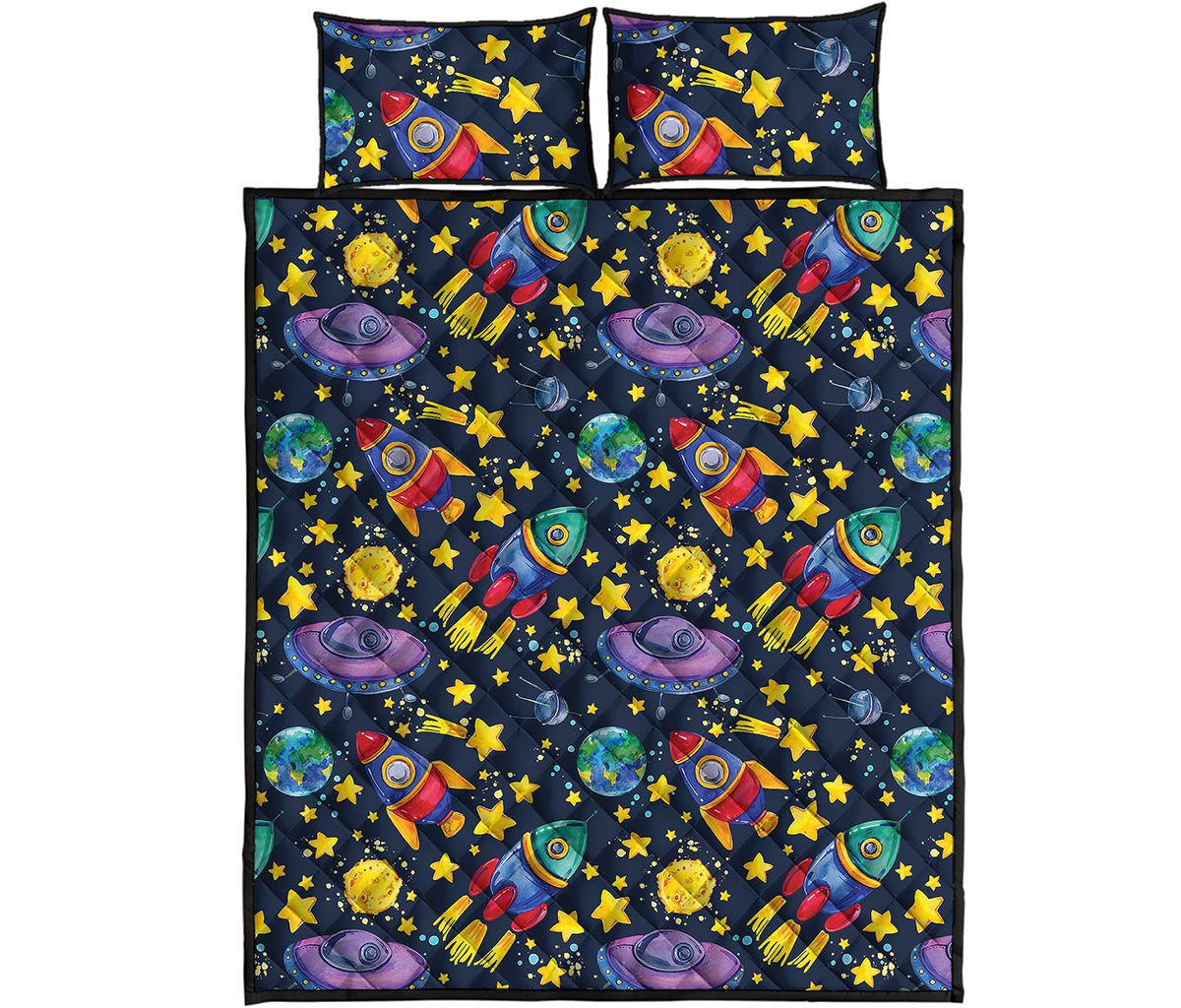 Watercolor Rocket Pattern Print Quilt Bed Set
