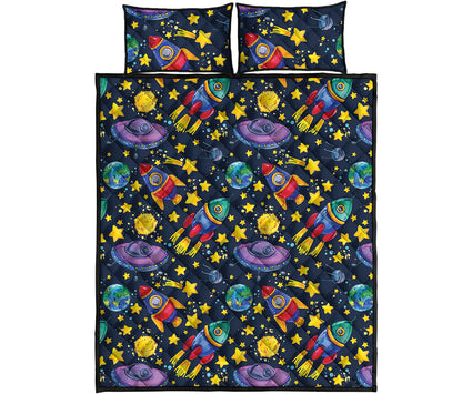 Watercolor Rocket Pattern Print Quilt Bed Set
