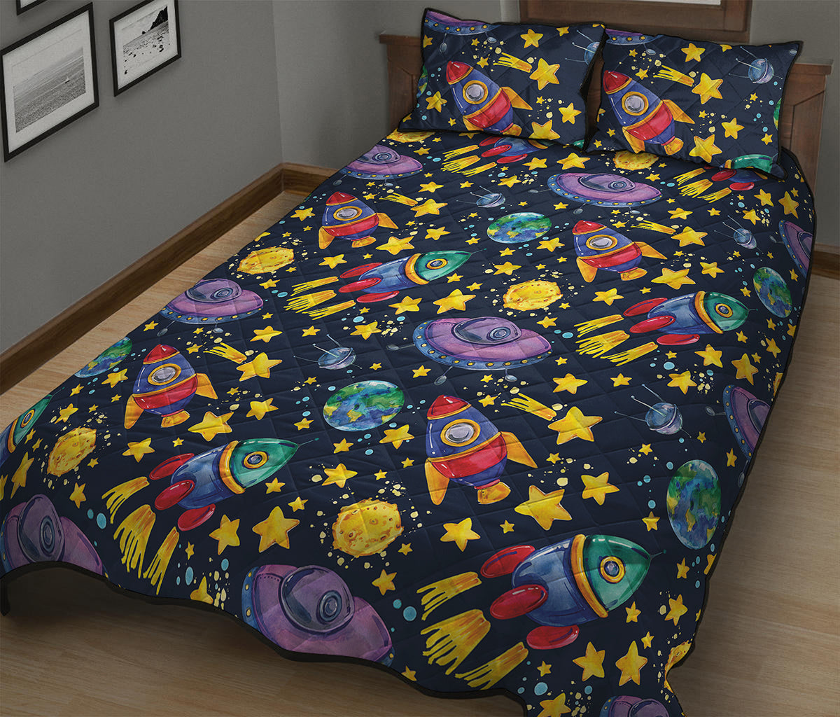 Watercolor Rocket Pattern Print Quilt Bed Set