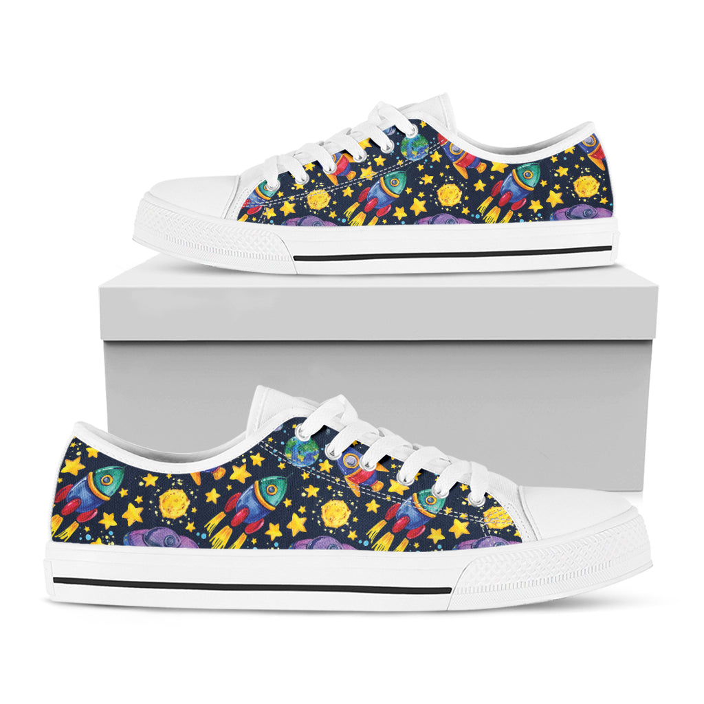 Watercolor Rocket Pattern Print White Low Top Shoes
