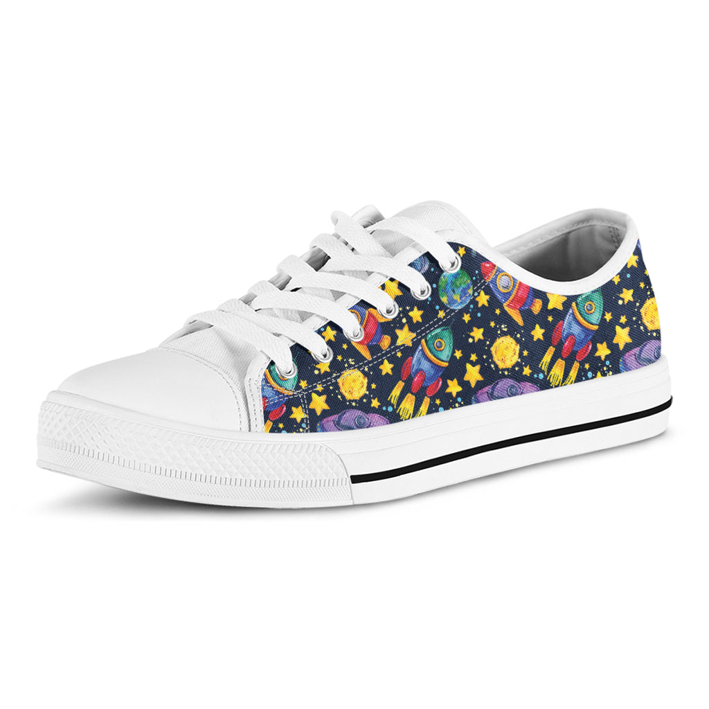 Watercolor Rocket Pattern Print White Low Top Shoes