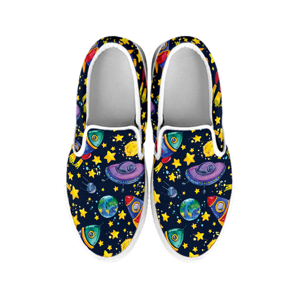 Watercolor Rocket Pattern Print White Slip On Shoes