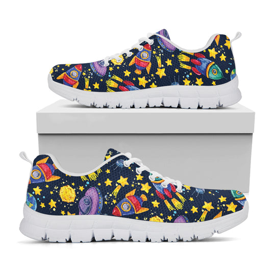 Watercolor Rocket Pattern Print White Sneakers