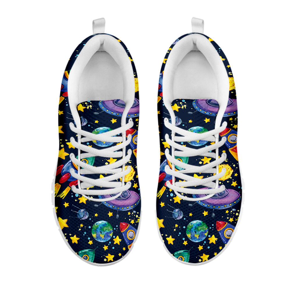 Watercolor Rocket Pattern Print White Sneakers