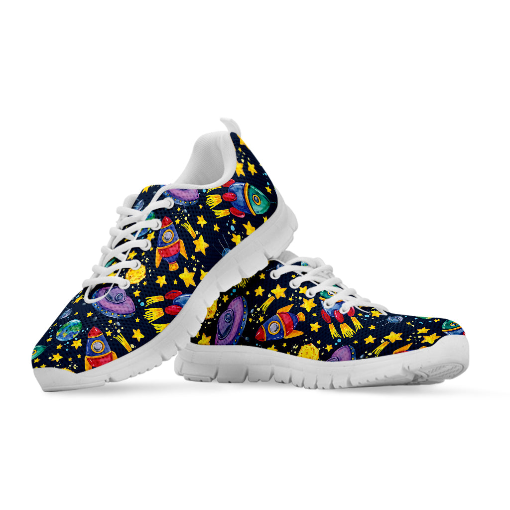 Watercolor Rocket Pattern Print White Sneakers