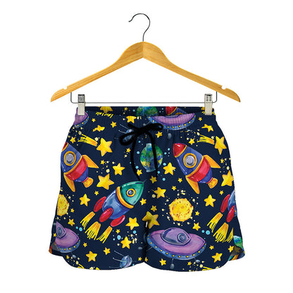 Watercolor Rocket Pattern Print Women's Shorts