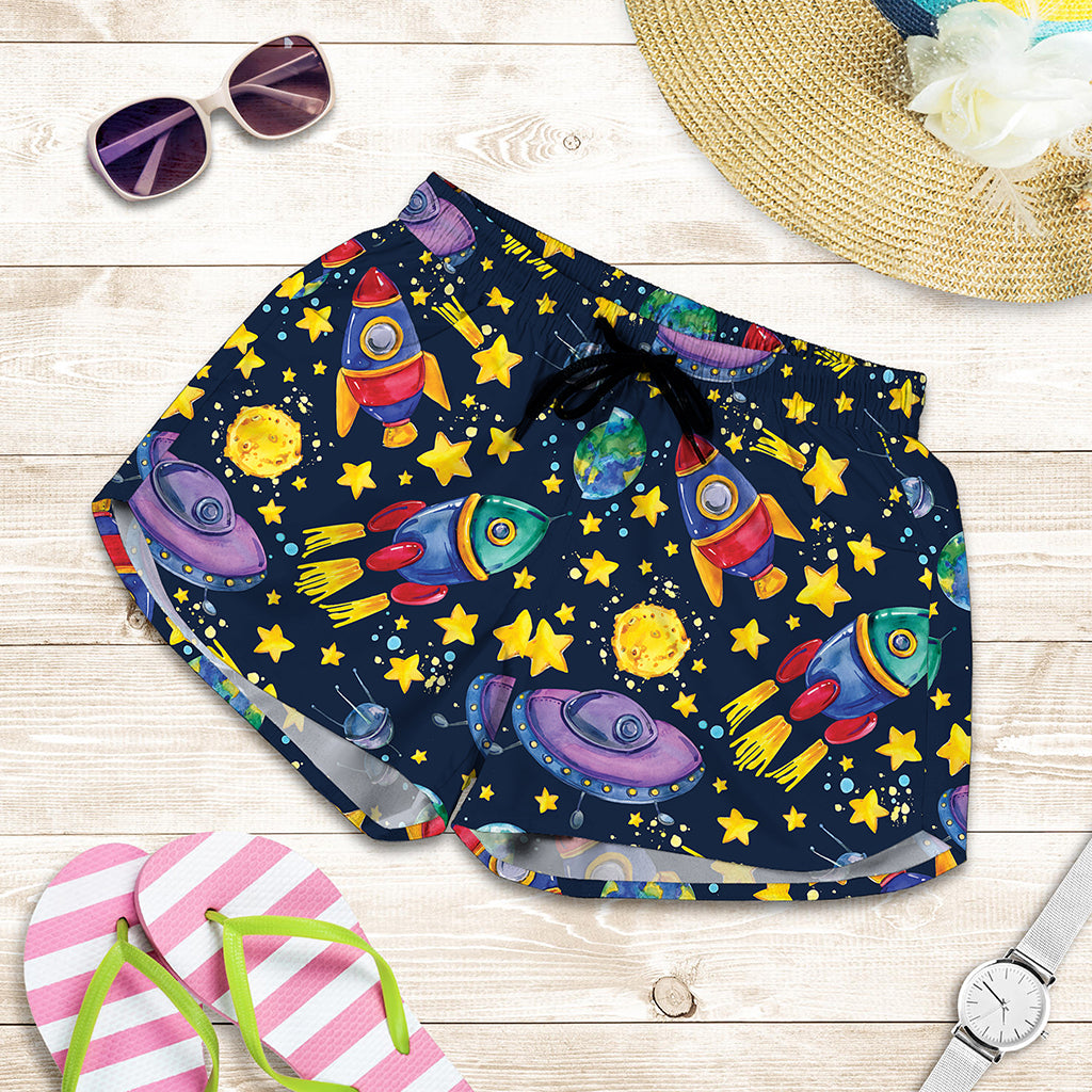 Watercolor Rocket Pattern Print Women's Shorts