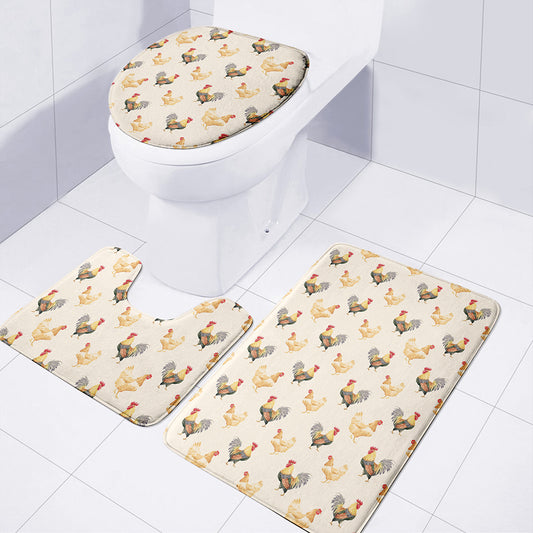 Watercolor Rooster Pattern Print 3 Piece Bath Mat Set